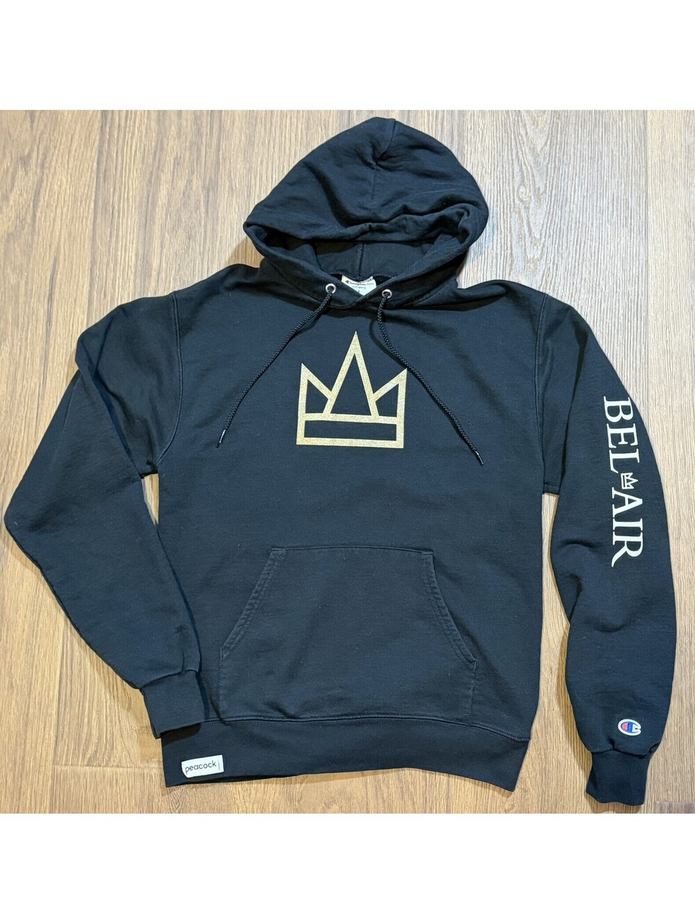 Champion x Peacock Bel-Air Hoodie Men’s Small Black Gold Crown TV Promo #15B